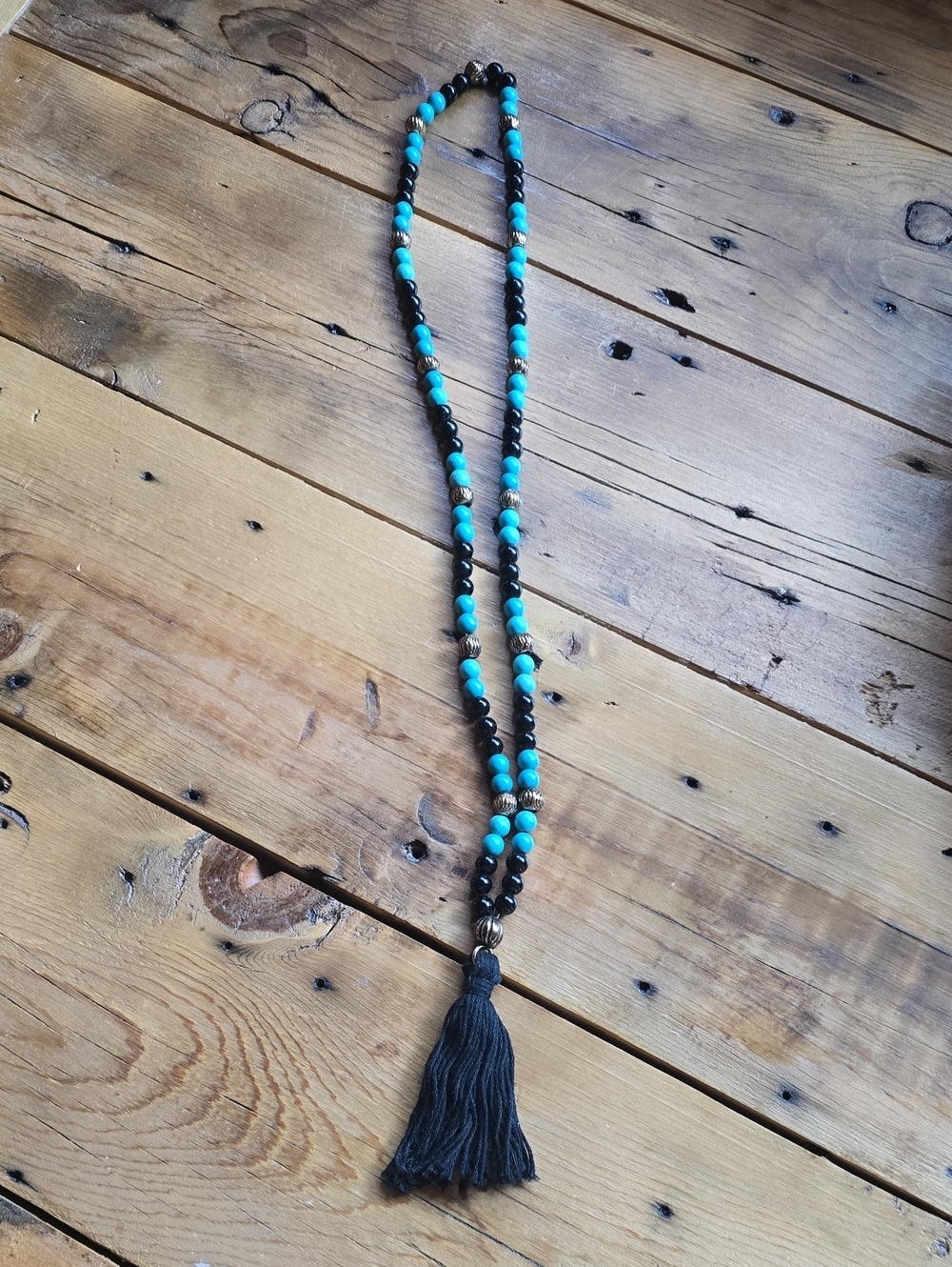 Bohemian Turquoise & Black Beaded Long Tassel Necklace Mala Style